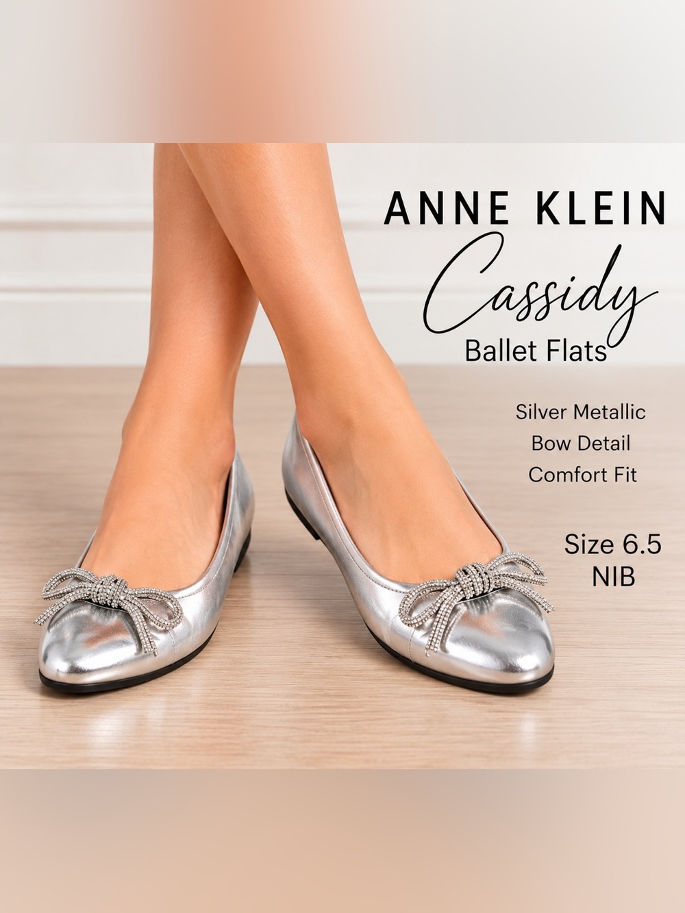 Anne Klein Cassidy Ballet Flats Silver Metallic Bow Comfort Women’s 6.5 NIB